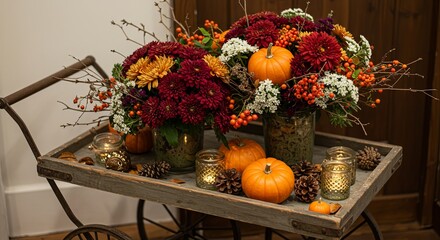 An autumn-themed display on a rustic cart features vibrant floral arrangements with pumpkins, berries, pinecones, and lit candles, set against a warm, wooden backdrop.