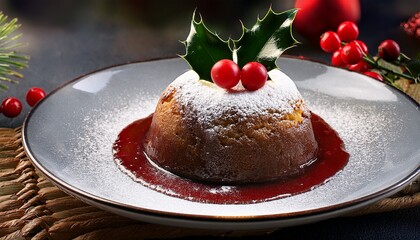 Plum Pudding With Dusting Topped With Holly Leaves And Red Berries Served With Cream On Plate