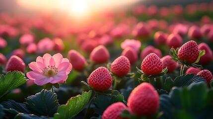 Pink flower among strawberries at sunrise