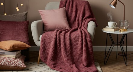A comfortable chair draped with a textured berry-colored throw, a pink pillow, and stacked pillows and books beside it. A small table with a cup of steaming tea and a lamp completes the scene.