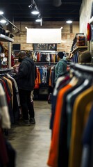 Shopping for vintage clothing in a bustling thrift store in the city