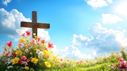 Flower field with wooden cross under bright blue sky