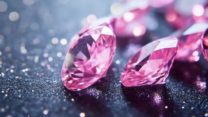 Close-up of several faceted pink gemstones on a dark, glittery surface - Powered by Adobe