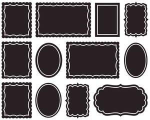 Set of Decorative Black Frame Silhouettes with Scalloped Borders, Oval and Rectangular Shapes, Blank Labels and Vintage Borders for Scrapbooking, Invitations, and Design Templates
