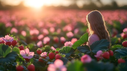 Girl in strawberry field sunset