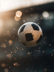 Soccer ball flying across the stadium in dynamic motion. The ball’s flight symbolizes goal, success, and victory in an intense match moment.