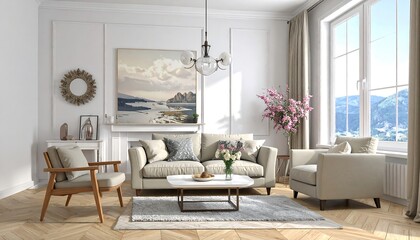 A light and airy living space with a cozy sofa, armchairs, and decorative accents, bathed in natural light