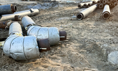 Installation of the distribution unit of heating and water supply network. Frame for connecting...