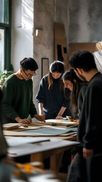 Group of young adults engaged in creative project in studio
