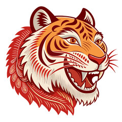  A side angle of happy tiger head with a really big happy visible smile on its face and it's eyes squint from smiling in an old traditional Chinese paper cutting style