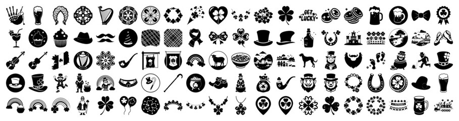 Vector art of collection of st patricks day and irish themed icons, including shamrocks, leprechauns, beer mugs, horseshoes, and musical instruments