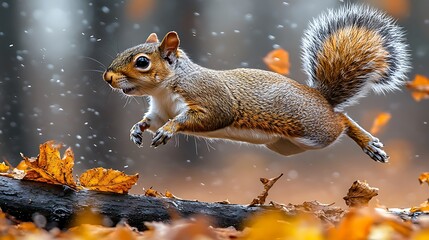 Squirrel leaping over log in autumn forest