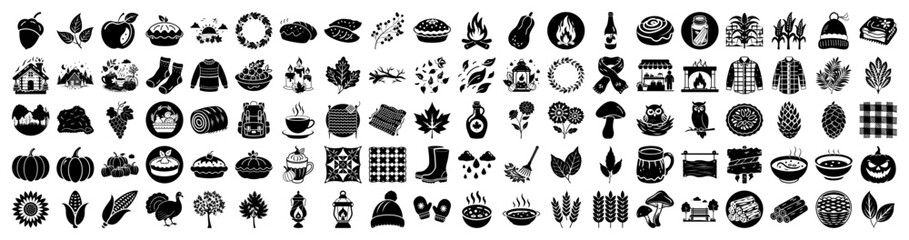 Vector art of collection of autumn and winter season icons, including pumpkins, leaves, sweaters, hats, and hot drinks