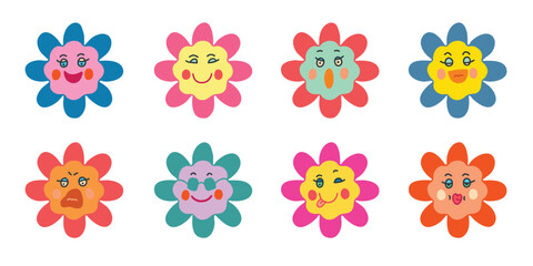 Colorful Groovy Daisies with Kawaii Faces on White