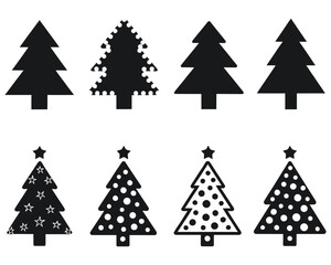 Obraz premium Christmas Tree Vector Collection – Black and White Holiday Silhouettes with Star Tops, Decorative Shapes for Winter Crafts, Logo Design, and Seasonal Graphic Templates