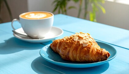 A light-filled breakfast scene presents a cappuccino with art and a flaky croissant on a bright blue table