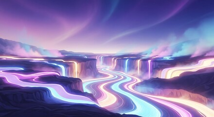 Vibrant Neon Rivers and Waterfalls Flowing Through a Fantasy Canyon Landscape