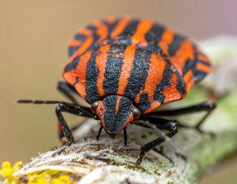 Close-up of a striped bug on a plant stem