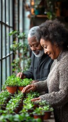 Elderly couple nurturing plants together in a cozy indoor garden during a peaceful afternoon