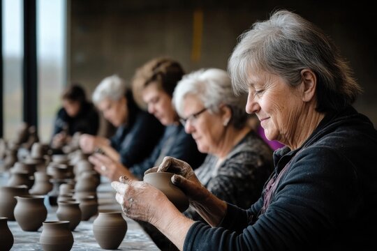 Elderly caucasian women engaging in pottery crafting together in a studio