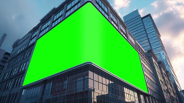 Sleek modern building featuring a large green billboard on a prominent corner, framed by a dynamic urban skyline under a partly cloudy sky.