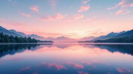 Fototapeta premium A serene lake at sunset reflecting mountains, showcasing the tranquility of nature and the beauty of a peaceful landscape with vibrant colors