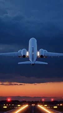 Rear view of a white private jet taking off from a runway at sunset, representing business travel and evening departure, against a cloudy dusk sky