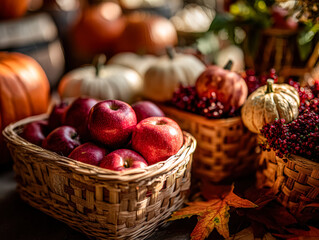 Red apples are arranged in woven baskets, complemented by decorative pumpkins and vibrant autumn leaves, creating a warm and inviting harvest atmosphere perfect for seasonal celebrations