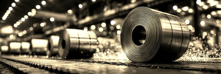 Fototapeta premium Steel coils in a manufacturing facility during a production process with sparks flying at night