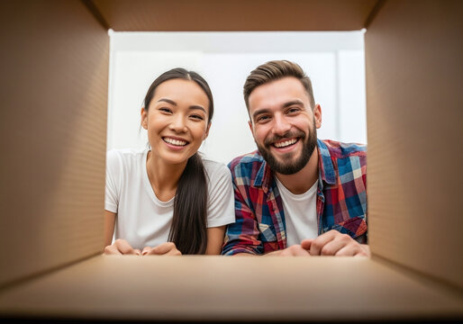 Excited couple peering into moving box with happy smiles, ready for new beginnings in their new home and creating lasting memories together