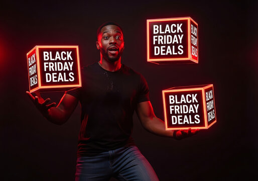 Get Ready for Incredible Black Friday Deals with this Dynamic Promotion Featuring an Excited Man and Glowing Cubes Advertising Sales