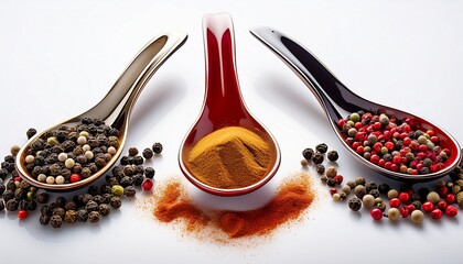 Mix From Kinds Of Pepper And Spoons Isolated On White