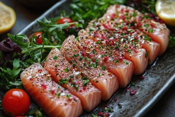 Salmon steak topped with lemon and capers.