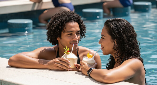 Couple enjoying refreshing tropical cocktails while relaxing in a sparkling blue swimming pool on a sunny day
