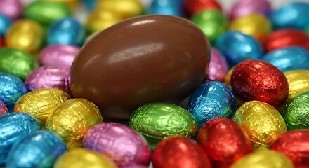 Fototapeta premium Chocolate egg and colorful foil wrapped eggs overhead view festive treats