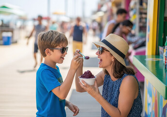 Joyful mother and son share a sweet icy treat on a sunny boardwalk, creating cherished summer memories together with laughter and delight.