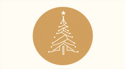 Geometric logo of electronic Christmas tree in the circle on white background, illustration, natural earth tones, browns, beiges, muted colors, balanced composition