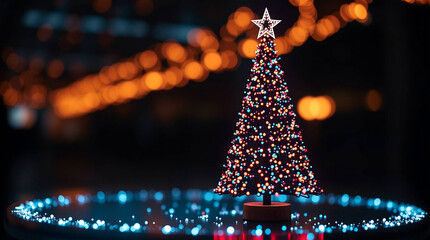 Christmas tree with star on top and colorful lights
