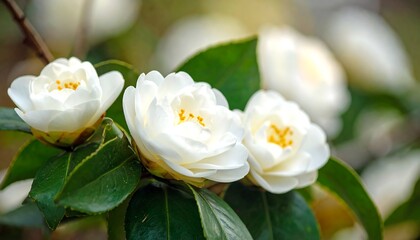 Obraz premium Close-up of three white camellia flowers