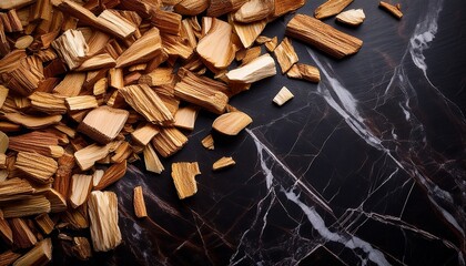 Wood Chips On Black Marble Background