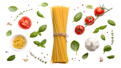 Creative flat lay of pasta ingredients — spaghetti, tomato, basil, garlic — on a white surface with space for text.