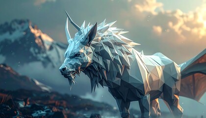A digitally crafted, low-poly creature with icy blue tones, stands in a mountainous, fantasy landscape, framed by soft light