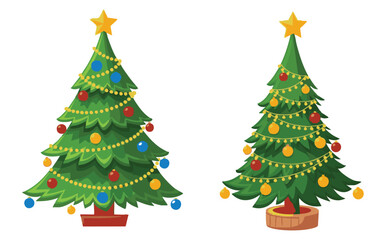Christmas trees decorated with ornaments and star holiday season celebration
