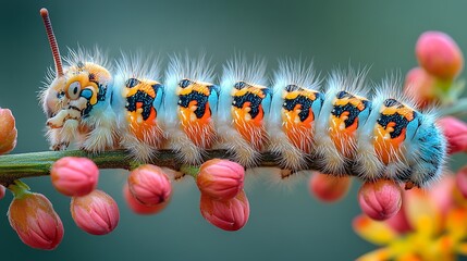 Colorful caterpillar on branch with flower buds