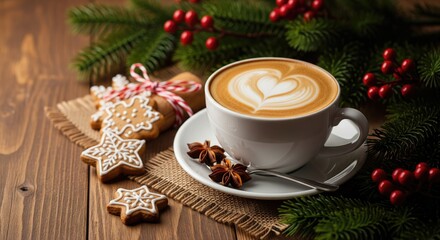 Warm coffee with heart-shaped art and gingerbread cookies on a wooden table.