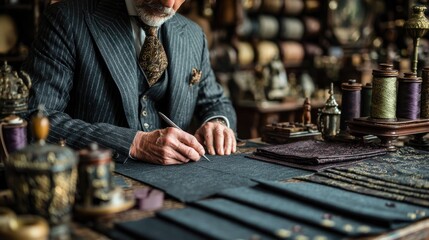 Tailor cutting fabric in vintage workshop with sewing materials
