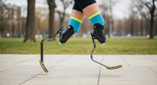A disabled man with a prosthetic j-shaped running blade legs on blurred park track background. Running rehabilitation, jogging, para sports concept. Lifestyle shot for poster