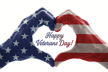 Hands forming heart shape painted with American flag. Patriotic Veterans Day symbol of love and unity for country.