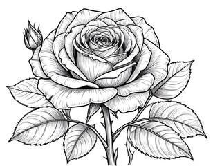 Detailed black and white rose illustration