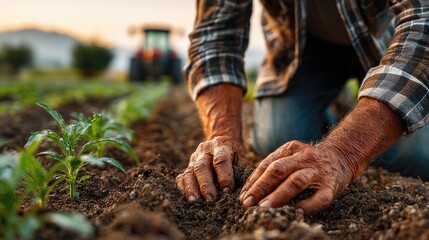 Closeup hands planting young green plants in farm soil at sunrise